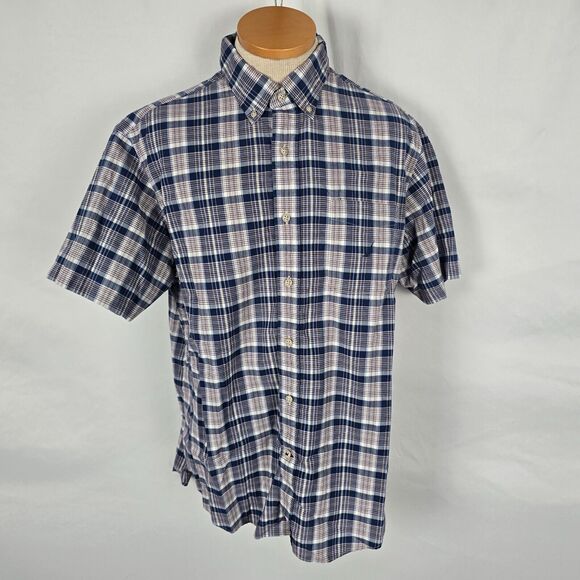 Nautica Button Down Shirt Men's L Blue Purple Wht Plaid Classic Fit Short Sleeve - Picture 1 of 15
